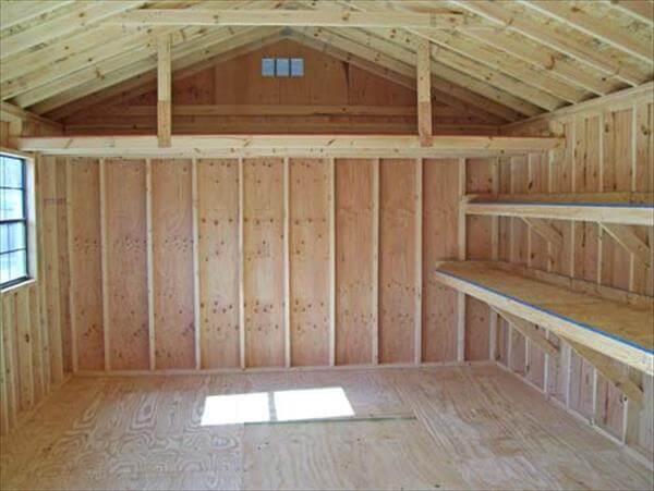 ... shed interior for outdoor lovers, with chevron wooden roof through