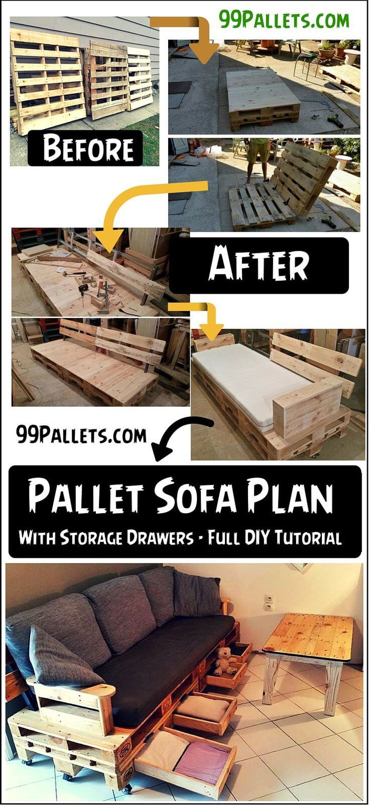 Pallet Sofa Plan with Drawers DIY Tutorial 99 Pallets