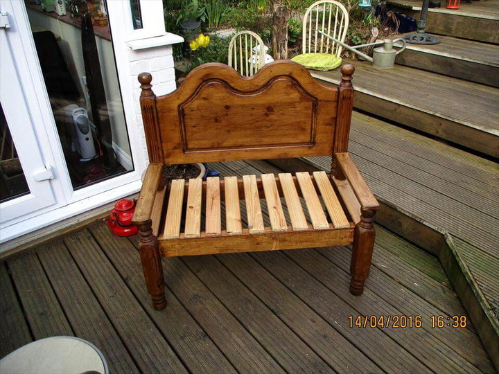 refurbished pallet old single bed into garden bench