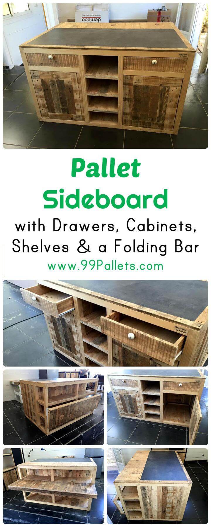 Pallet Sideboard with Drawers, Cabinets & Folding Bar | 99 Pallets