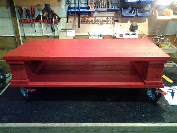 reclaimed pallet red coffee table with casters