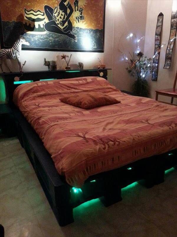 Diy Wooden Pallet Bed With Lights, Queen Size Pallet Bed With Lights