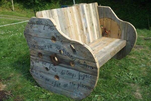 reclaimed pallet and wire spool bench