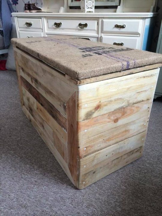 View of DIY Pallet Burlap Cushioned Ottoman
