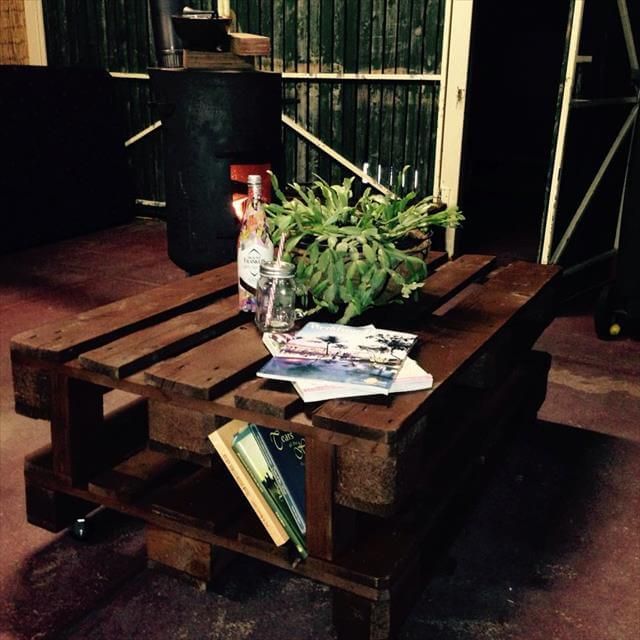 upcycled pallet coffee table with planter and wheels
