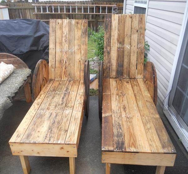 recycled pallet and wire spool outdoor loungers