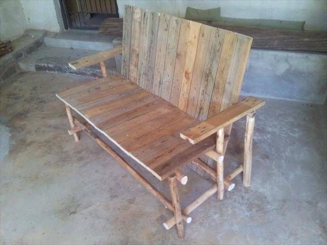 repurposed pallet and wood log bench