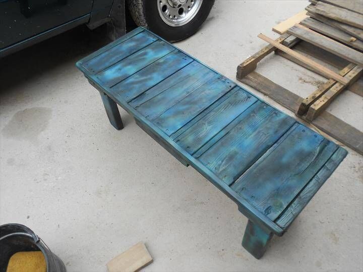 teal blue distressed pallet bench