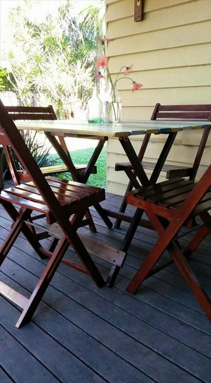 reclaimed pallet folding straight chairs with a square table