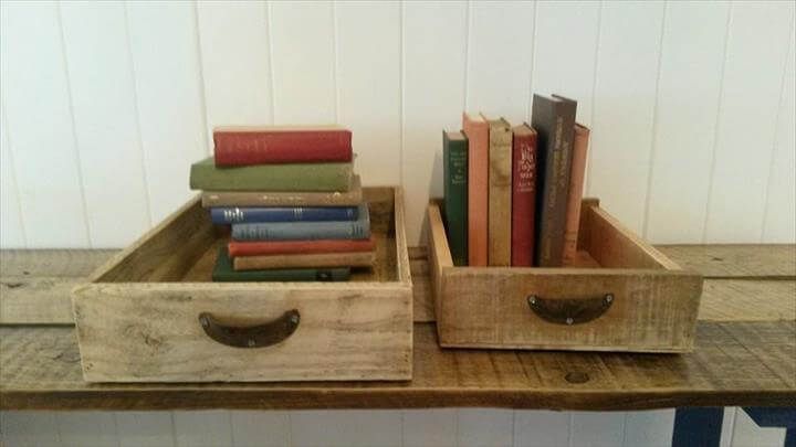 repurposed pallet trays for book storage