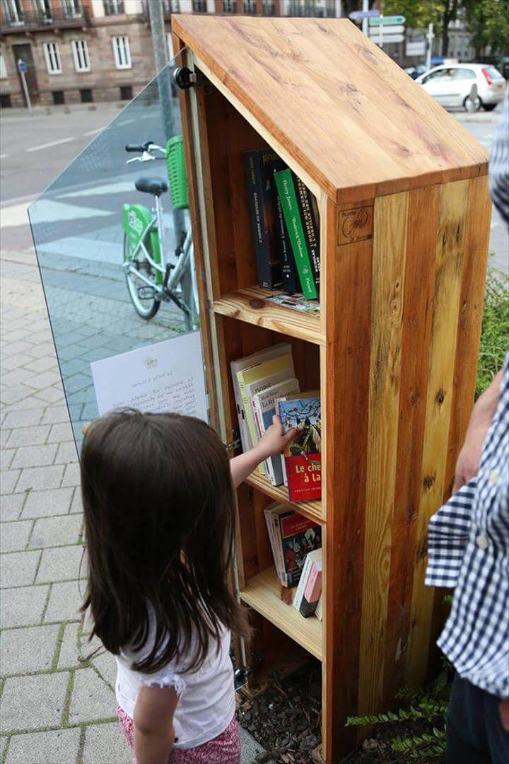 wooden pallet bookshelf with glass door