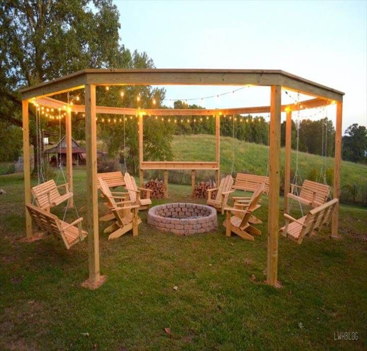 recycled pallet outdoor Adirondack chairs and swinging unit