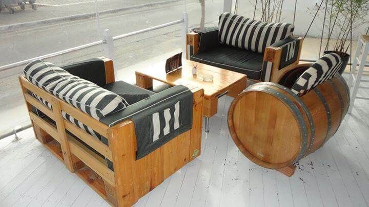 upcycled pallet and barrel sitting furniture