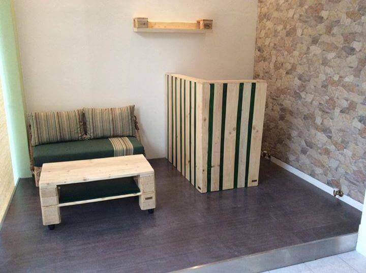handmade wooden pallet shop counter and sofa