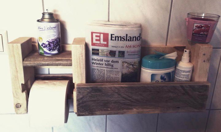 wooden pallet bathroom shelf with toilet paper holder