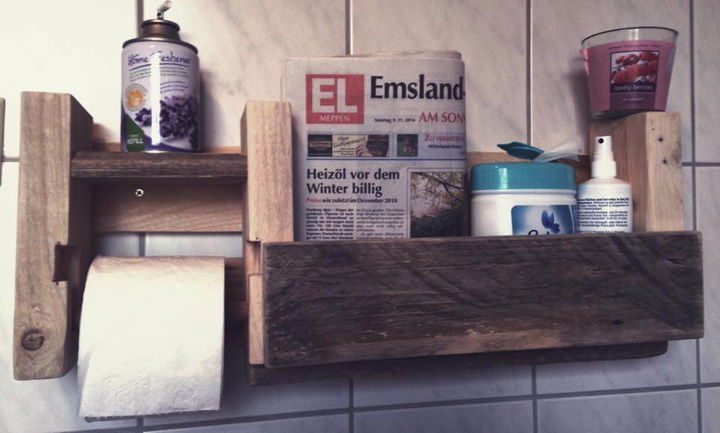 recycled pallet shelf wit toilet paper roll holder