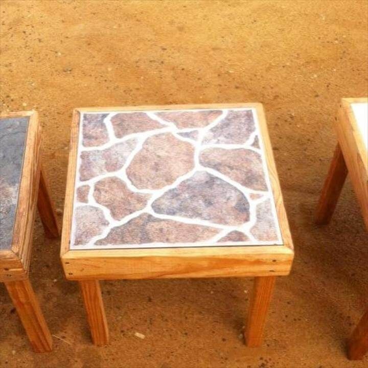 Rebuilt pallet stool with ceramic tiles
