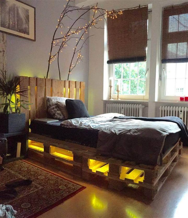 wooden pallet lighted bed with headboard