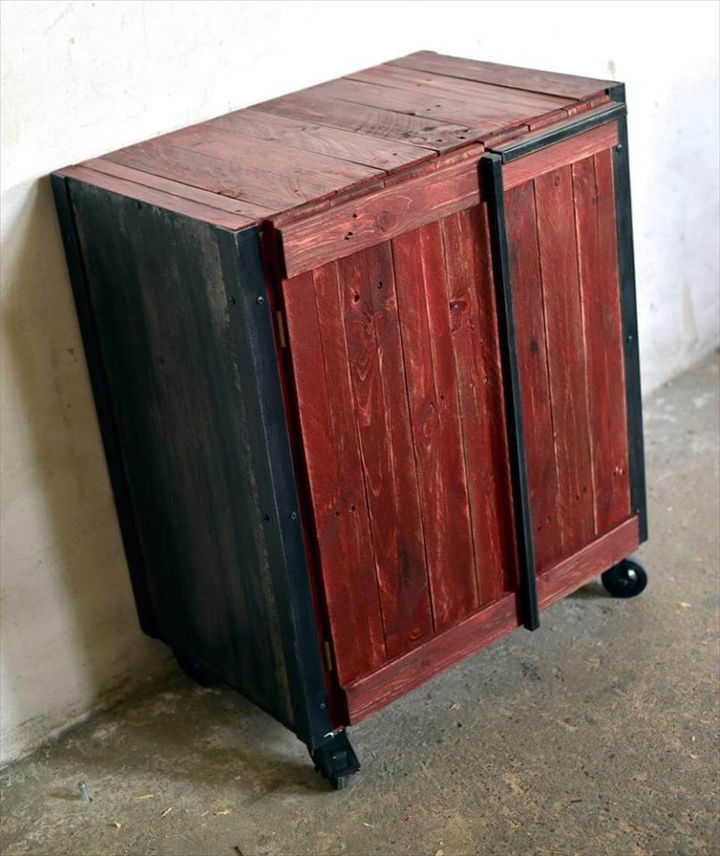 black and maroon stained pallet storage cabinet