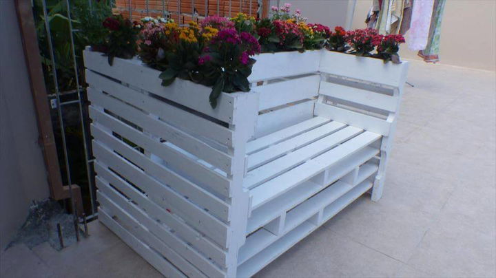 diy pallet bench with flower planter