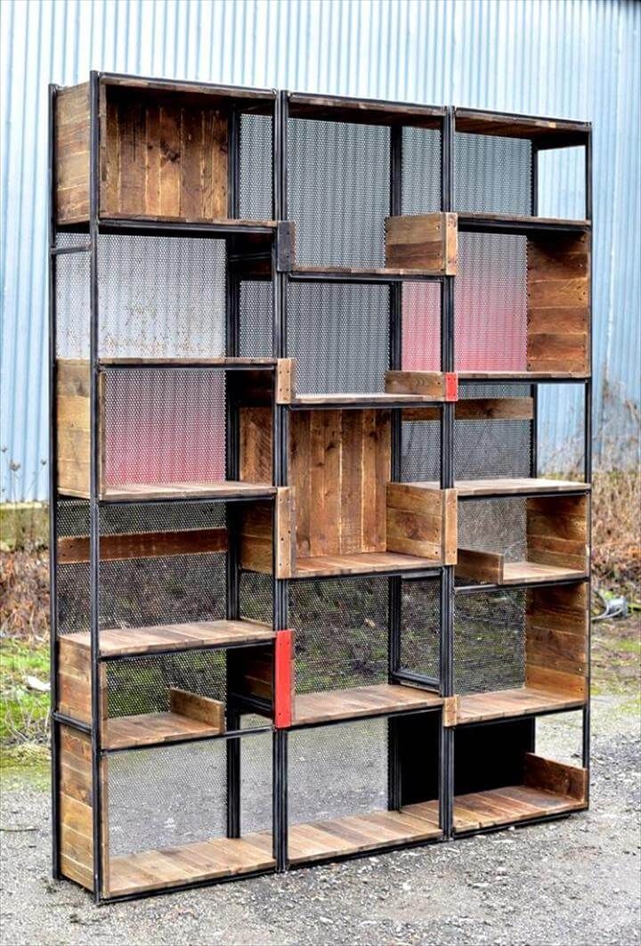 Repurposed pallet and steel shelves