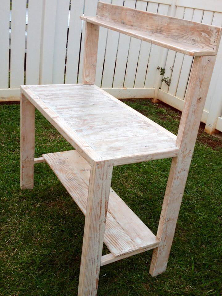 distressed white pallet potting bench