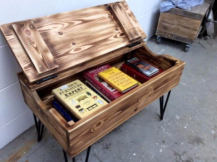 Recycled pallet coffee table with hairpin legs