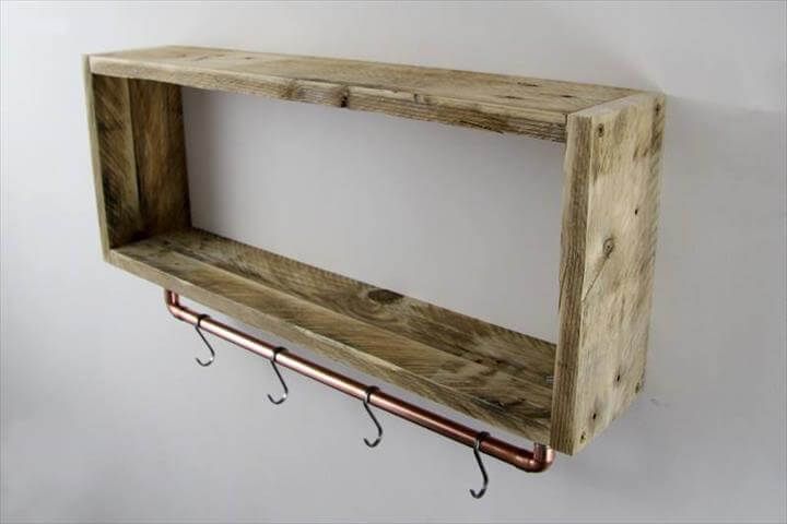 Pallet Wood And Copper Shelf With Hooks, Pipe Shelves Diy Cost