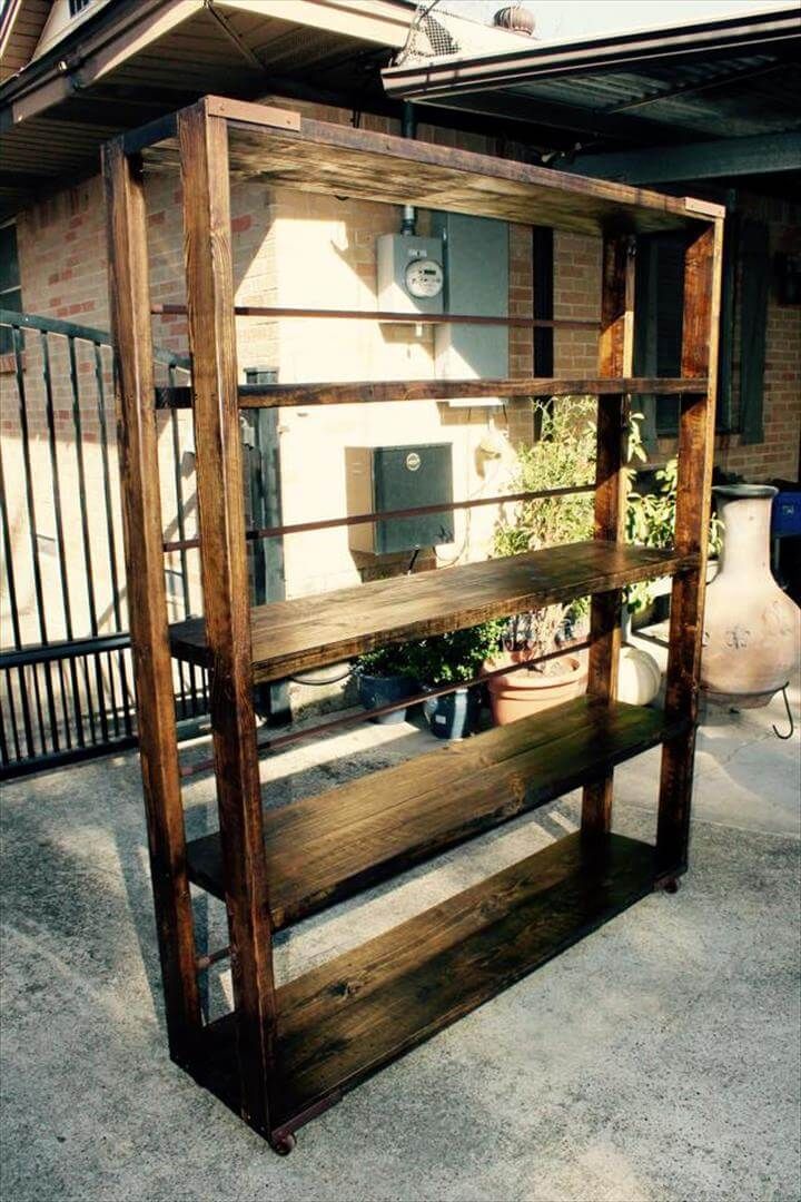 recycled pallet and metal bar bookshelf