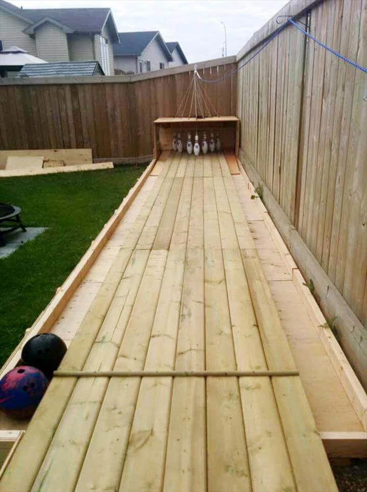 recycled pallet bowling alley