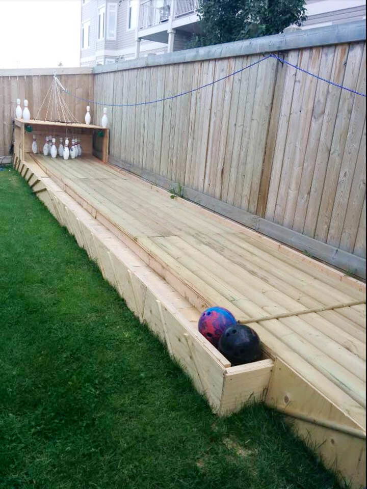 A full bowling alley platform made of pallets