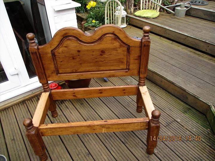 revamped pallet single bed into garden bench