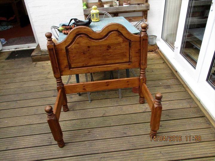 DIY renovated old single bed into a garden bench