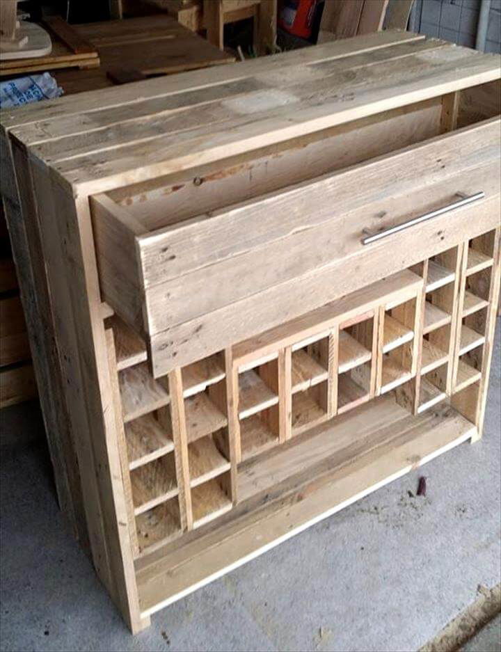 handmade pallet beverage bottle rack with a drawer