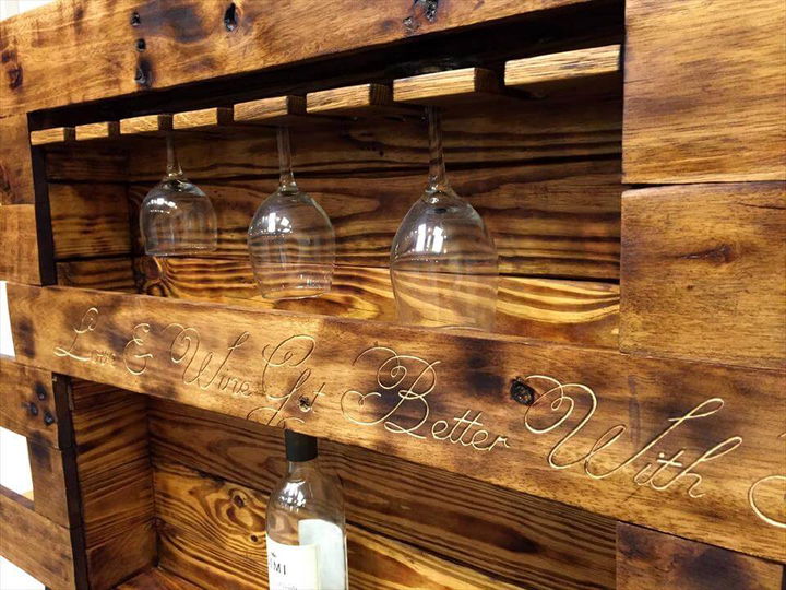 handcrafted pallet beverage bottle and glass rack