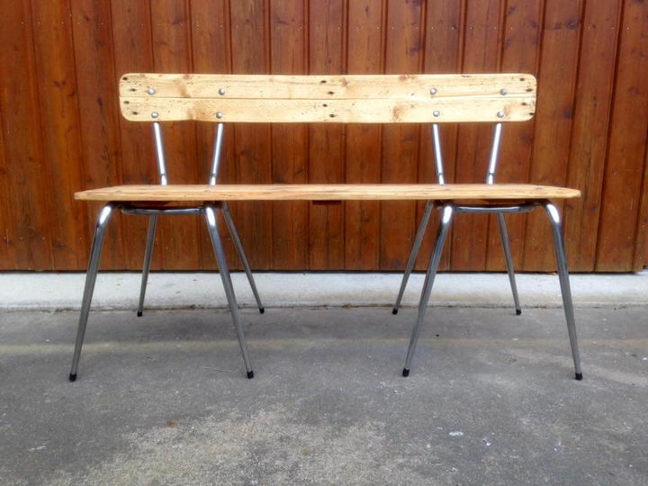 old metal chair and pallet wood bench