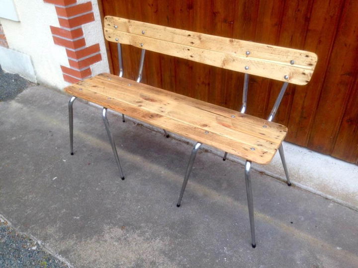 handcrafted wooden pallet and old metal chair bench