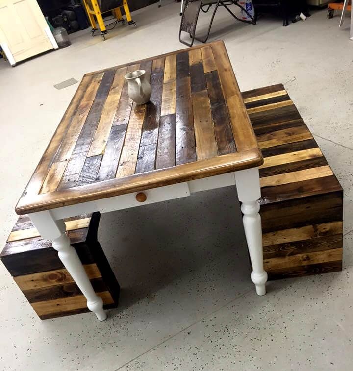 upcycled wooden pallet benches and table