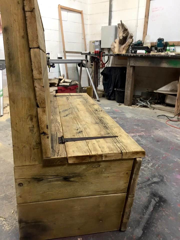 handcrafted wooden pallet bench or settle with secret stash
