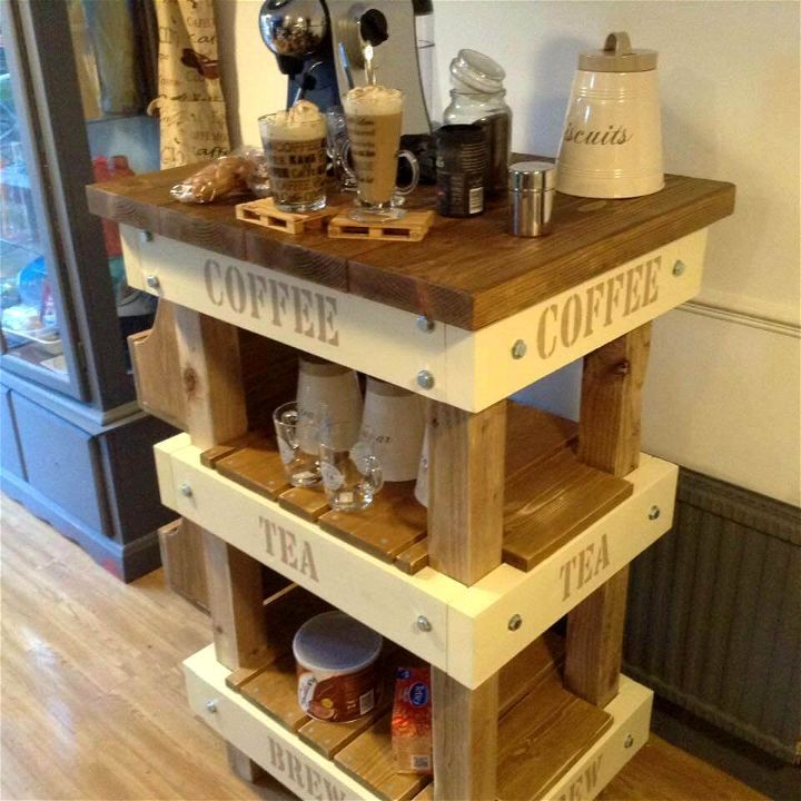 handcrafted wooden pallet and old wood coffee and tea station