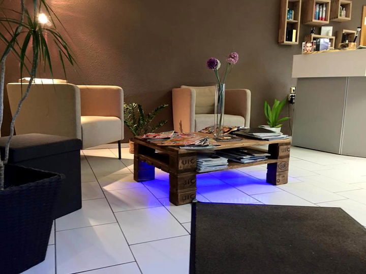 reclaimed pallet coffee table with blue lights