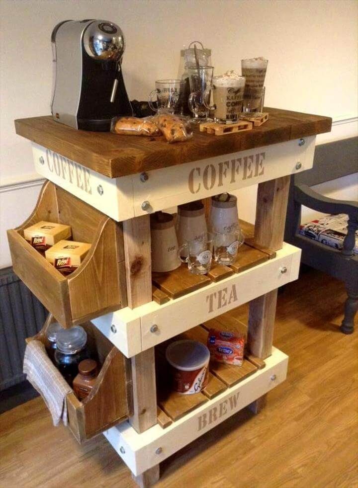 handcrafted wooden pallet and old wood tea or coffee station