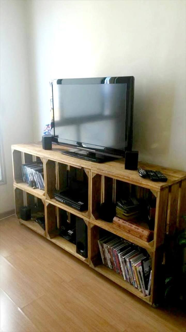 handcrafted wooden pallet media cabinet with storage