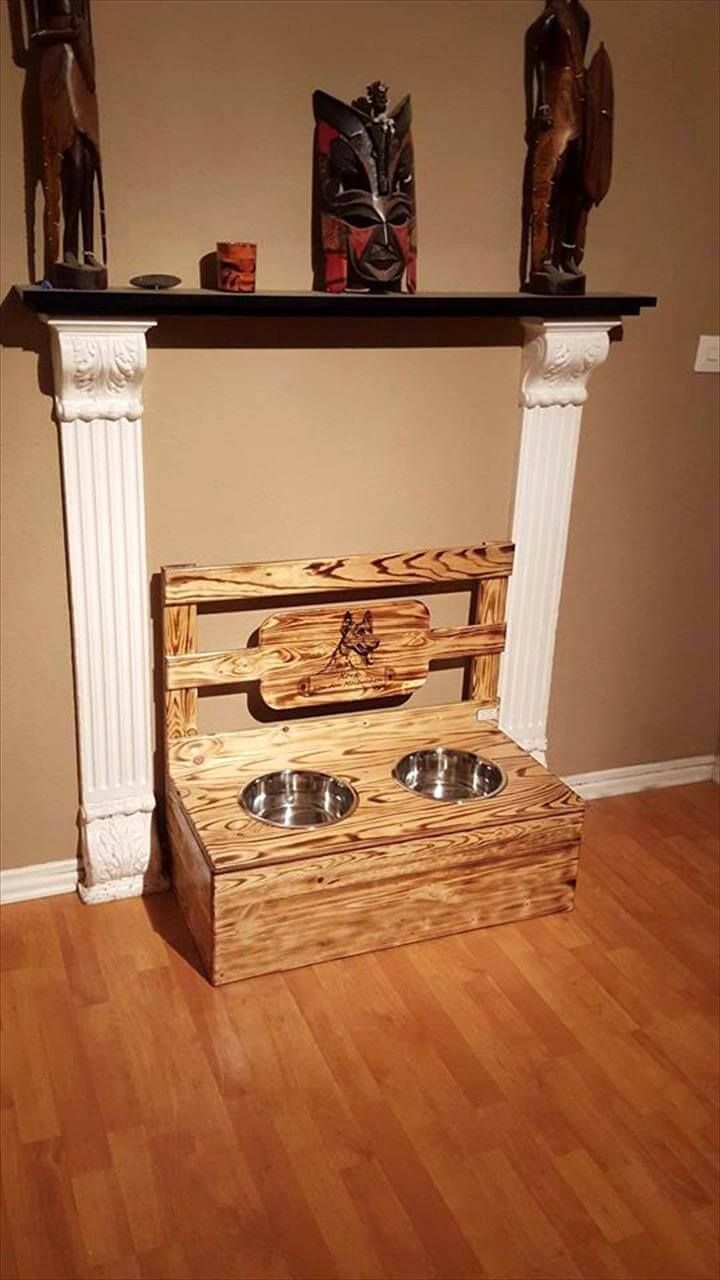repurposed wooden pallet dog feeder or bowl stand